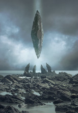 Sci-fi Floating Rock Over The Sea Alien Landscape Fantastic Scenery