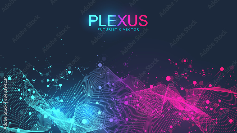 Abstract scientific background with dynamic particles, wave flow. Plexus stream background. 3D data visualization with fractal elements. Cyberpunk style. Digital vector illustration - obrazy, fototapety, plakaty 