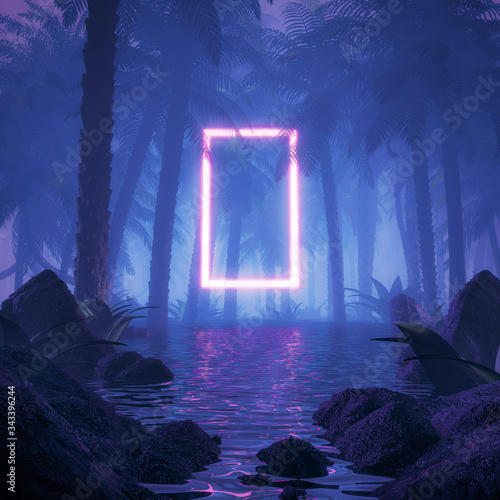 Obraz na plátně Neon jungle portal / 3D illustration of surreal glowing rectangular portal float