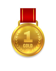 Wall Mural - winner gold medal. prize with red ribbon for certificate or first place trophy isolated vector illus