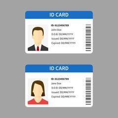 Plastic id cards. Personal registration form card, car driver license with male and female photo, document template isolated vector set