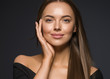 © Utkamandarinka - Female face beauty woman long hair fly natural make up clean healthy skin hand touching face