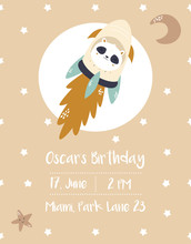 Baby Shower, Birthday invitation card with panda cosmonaut