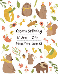 Wall Mural - Baby Birthday invitation card with funny animals