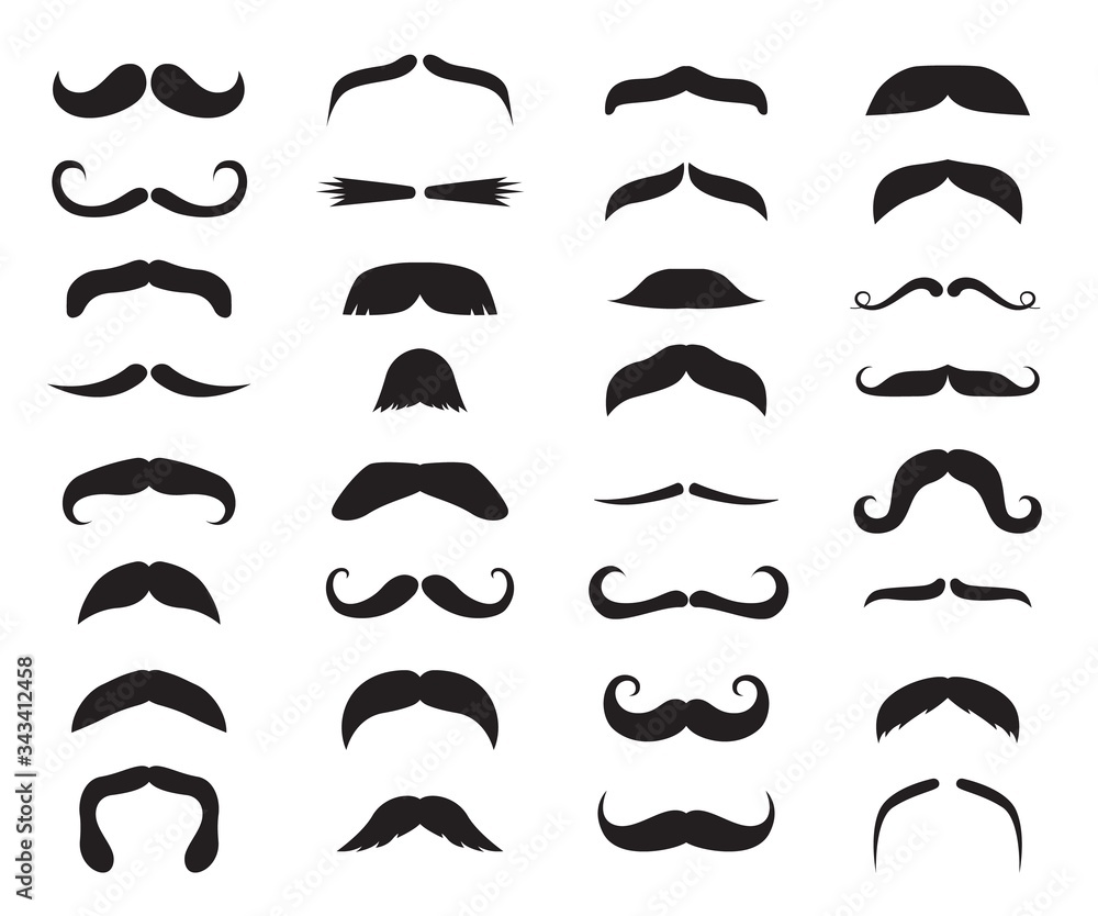 Moustache icons. Black moustaches, man accessories or props. Barber shop, gentlemen model face hairs. Isolated hipster fashion vector set. Shape of moustache silhouette, icon vintage fashion - obrazy, fototapety, plakaty 