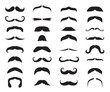 Moustache icons. Black moustaches, man accessories or props. Barber shop, gentlemen model face hairs. Isolated hipster fashion vector set. Shape of moustache silhouette, icon vintage fashion
