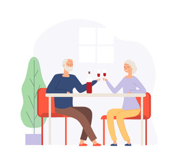 Sticker - Couple on meeting. Elderly people on restaurant drinking wine. Happy husband and wife, old man woman. Grandparents celebrates anniversary or birthday vector illustration. People elderly couple