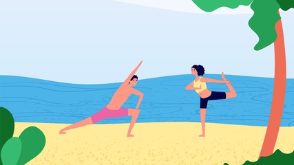 Wall Mural - Morning yoga on beach. Man woman workout near ocean. Relax time, vacation or tourism. Summer outdoor stretching training vector illustration. Yoga beach morning, woman exercise sport and relax