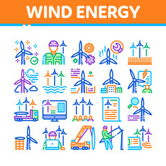 Canvas Print - Wind Energy Technicians Collection Icons Set Vector. Repair And Research, Delivery Details Truck And Installing Machine, Energy Industry Concept Linear Pictograms. Color Illustrations