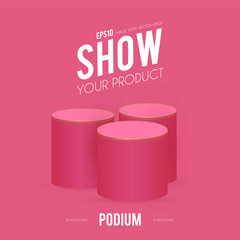 Round Podium. Scene, pedestal and 3D platform with gold glitter effect. Advertising, award and win design. Show and sale background. Realistic presentation mockup.