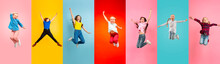 Emotional Kids And Teens Jumping High, Look Happy, Cheerful On Multicolored Background. Delighted, Winning Girls. Emotions, Facial Expression Concept. Trendy Colors. Creative Collage Made Of 5 Models