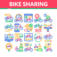 Sticker - Bike Sharing Business Collection Icons Set Vector. Bike Share Deal And Agreement, Web Site And Phone Application, Helmet And Bicycle Parking Concept Linear Pictograms. Color Illustrations