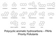 Priority Pollutants. 16 polycyclic aromatic hydrocarbons, PAHs, identified by US EPA. Carcinogenic substances in air, water and soil. Skeletal formulas and molecular structures. Illustration. Vector.