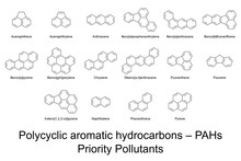 Priority Pollutants. 16 Polycyclic Aromatic Hydrocarbons, PAHs, Identified By US EPA. Carcinogenic Substances In Air, Water And Soil. Skeletal Formulas And Molecular Structures. Illustration. Vector.