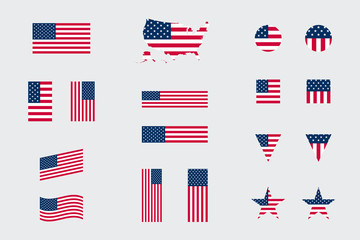 usa american flag icon different shapes flat vector set