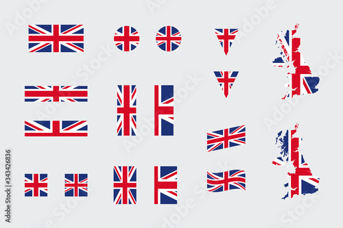 Fotografía United Kingdom British Flag Icon Different Shapes Flat Vector Set