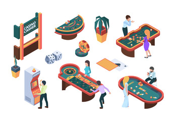 Wall Mural - Casino people. Gaming nightclub cards poker slot machine gambling characters vector isometric illustration. Gambling poker, casino and roulette, jackpot luck