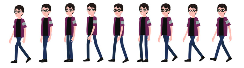 Animation of the gait of a male character. Schoolboy, student or freelancer in cartoon style.