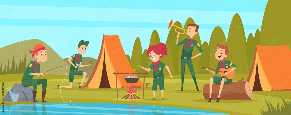 Outdoor scouts. Teacher studying little rangers survive in wild tree group of scouts in uniform sitting in camp events vector characters. Forest rest exploration, explorer sitting in camp illustration - obrazy, fototapety, plakaty 