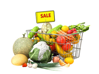 Wall Mural - grocery basket with vegetables and fruits concept of fresh food sale 3d render on white no shadow