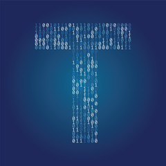 Letter T font made from binary code digits on a dark blue background