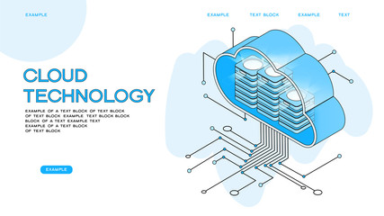 Wall Mural - Cloud computing.  Online devices upload, download information. Data in database on cloud services. Isometric concept. Modern 3d isometric vector illustration of web page.