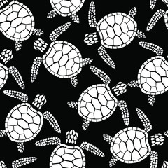 Wall Mural - Turtle, animal, fashion chalk vector seamless pattern on black background. Concept for wallpaper, wrapping paper, cards 