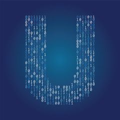 Letter U font made from binary code digits on a dark blue background