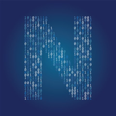 Letter N font made from binary code digits on a dark blue background