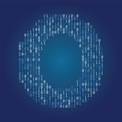 Letter O font made from binary code digits on a dark blue background