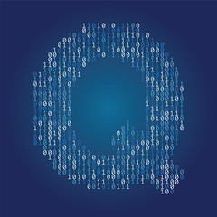 Letter Q font made from binary code digits on a dark blue background