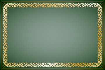 Background with a frame from the Tatar ornament. Gold and green colors. For diploma, certificate