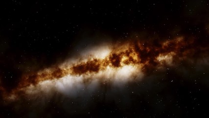 Aerial footage of galaxy and black orange cloudy space full of white stars and gas with big orange sun or stars passing flying in interstellar