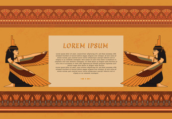 Pattern leaflets in Egyptian style with an illustration of the goddess of ancient Egypt Isis with a place for text