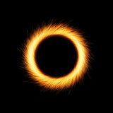 Fototapeta  - Shining circle with orange sparkles and glowing lights on black background
