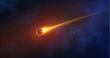 Realistic comet, meteorite, an asteroid in motion burns against the background of outer space. 3d object vector illustration. Bullet burns with fire