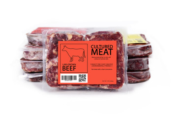 Cultured meat concept for artificial in lab grown vitro cell culture beef meat production with frozen packed raw meat with label on white background