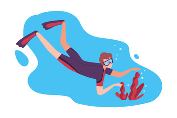 Sticker - Man in Swimwear, Goggles and Flippers Swimming under the Sea, Diver Exploring the Underwater World Flat Vector Illustration