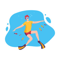 Sticker - Male Diver Swimming under the Water with Small Fishes, Man Exploring Underwater Marine Life, Extreme Hobby, Sport Flat Vector Illustration