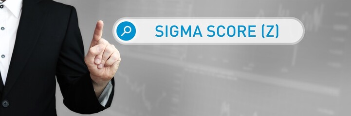Sigma Score (Z). Man in a suit points a finger at a search box. The word Sigma Score (Z) is in the search. Symbol for business, finance, statistics, analysis, economy