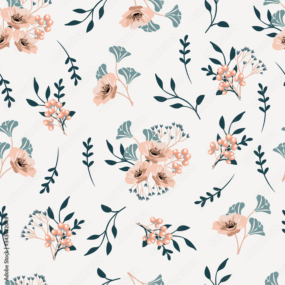 Vector seamless pattern with leaves and flowers on white background ...