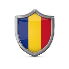 Romania security concept. Metal shield shape with national flag