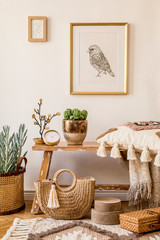 Wall Mural - stylish composition of living room interior with mock up frame, wooden bench, pillow, plaid, woman b