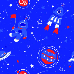 Wall Mural - space vector seamless pattern. kids bright blue outer space background. flat cartoon rocket, astrona