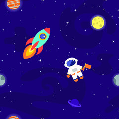 Wall Mural - space vector seamless pattern. kids outer space background. flat cartoon rocket, astronaut, stars, b