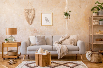 Wall Mural - stylish scandi compostion at living room interior with design gray sofa, wooden coffee table, shelf,