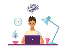 The Guy Sits At A Desk With A Computer And Thinks About The Difficulties Encountered. Concept Illustration, Boy Unhappy With School Problems, Professional Burnout Worker. Flat Vector Illustration