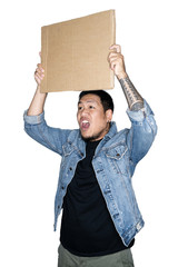 Bearded asian men worker dressed in jeans is holding cardboard in white background.The concept of protest, attention, request. Place for text or copy space.  Clipping path.