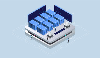 Isometric design concept virtual reality and augmented reality. software development and programming. Computation of big data center, information processing, database. isometric vector technology