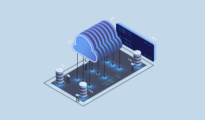 Wall Mural - Modern cloud technology and networking concept. Cloud database, Futuristic server energy station. Data visualization concept. 3d isometric vector illustration.